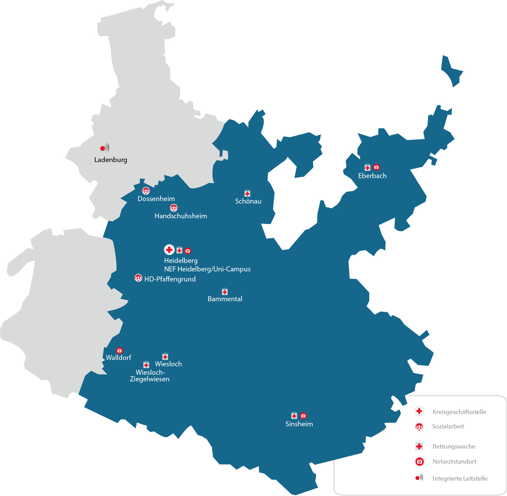 Karte mit Orten des Versorgungsgebietes