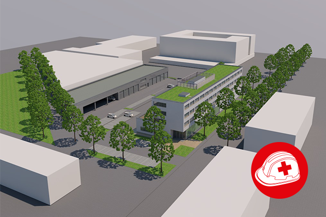 Illustration des Neubaus mit Bauhelm